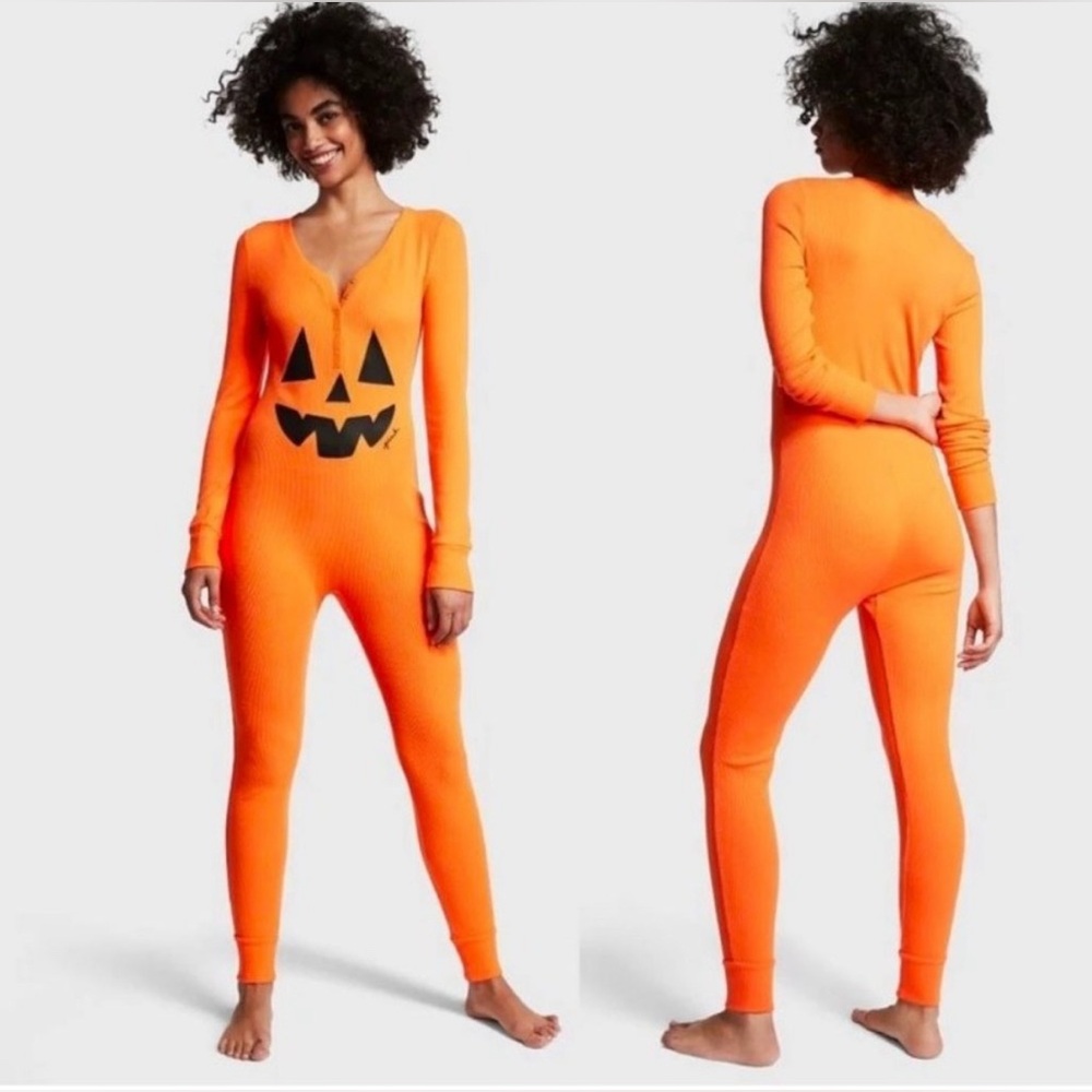 PINK Victoria’s Secret Thermal One Piece Pumpkin Halloween Pajamas NWT Size L